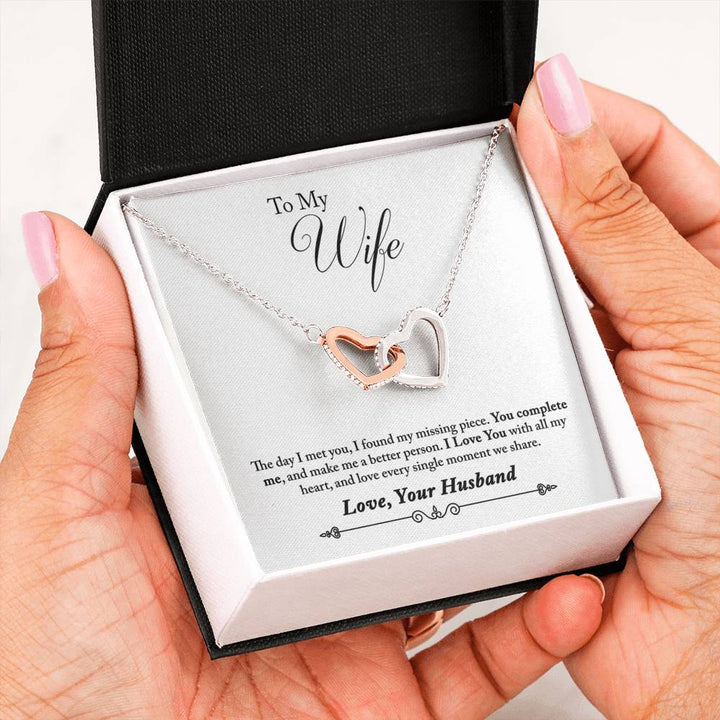 "To My Wife from Husband" - Interlocking Hearts Pendant Necklace Gift Set - The Day I Met You, I Found my Missing Piece - Bianca Ysabel
