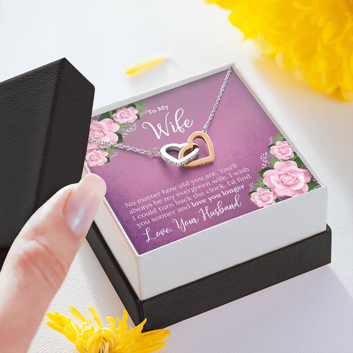 "To My Wife from Husband"- Interlocking Hearts Pendant Necklace Gift Set - No Matter How Old You Are, You'll Always Be My Evergreen Wife - Bianca Ysabel