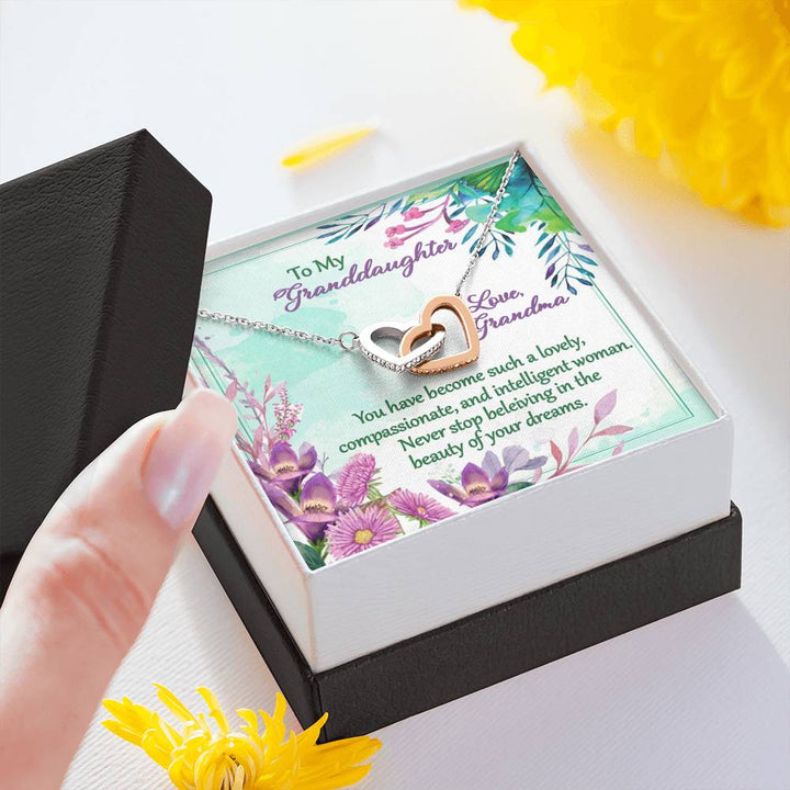 "To My Granddaughter from Grandma" -  Interlocking Hearts Pendant Necklace Giftset - Never Stop Believing in the Beauty of Your Dreams - Bianca Ysabel