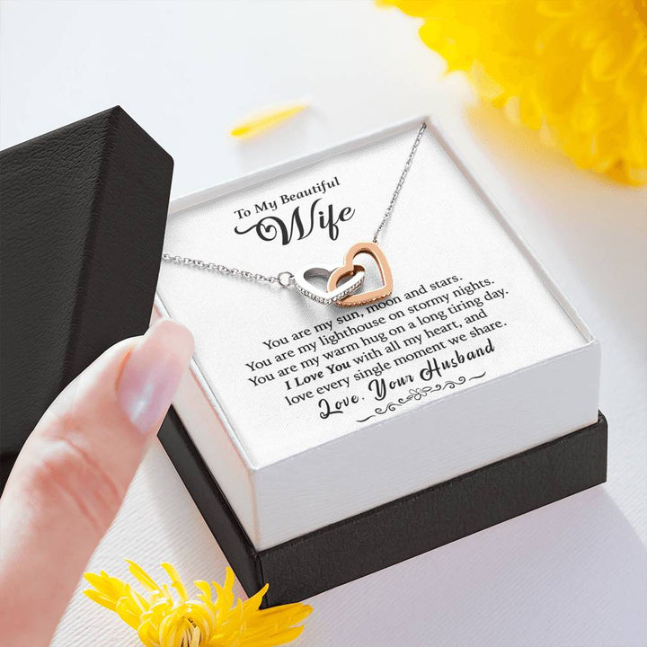 "To My Beautiful Wife from Husband" - Interlocking Hearts Necklace Giftset - You Are My Sun, Moon And Stars - Bianca Ysabel