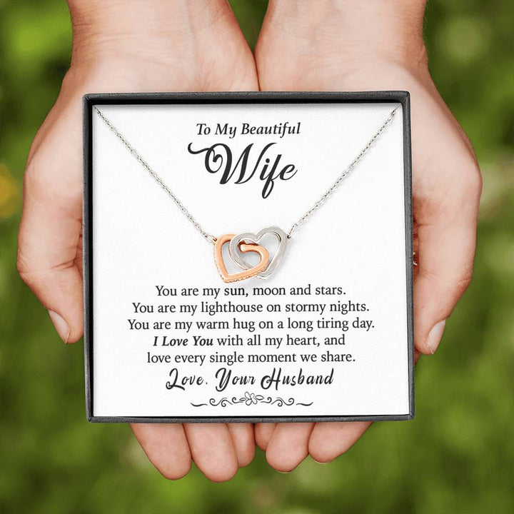 "To My Beautiful Wife from Husband" - Interlocking Hearts Necklace Giftset - You Are My Sun, Moon And Stars - Bianca Ysabel