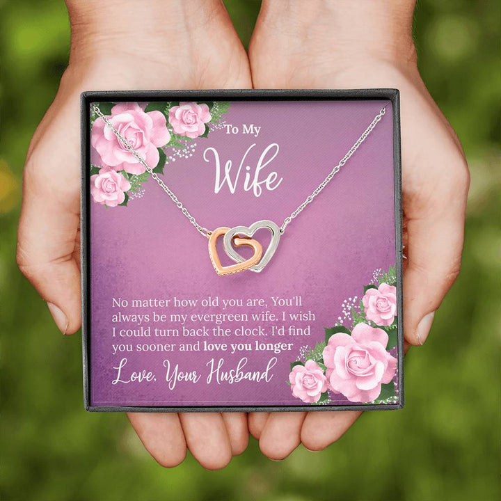 "To My Wife from Husband"- Interlocking Hearts Pendant Necklace Gift Set - No Matter How Old You Are, You'll Always Be My Evergreen Wife - Bianca Ysabel