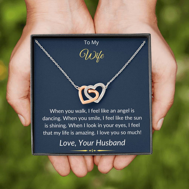 "To My Wife from Husband" - Interlocking Hearts Pendant Necklace Gift Set - When I Look In Your Eyes, I Feel That My Life Is Amazing - Bianca Ysabel
