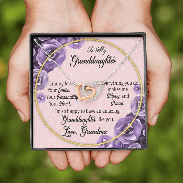 "To My Granddaughter from Grandma" - Interlocking Hearts Pendant Necklace Giftset - Granny Loves Your Smile, Your Personality, Your Heart - Bianca Ysabel