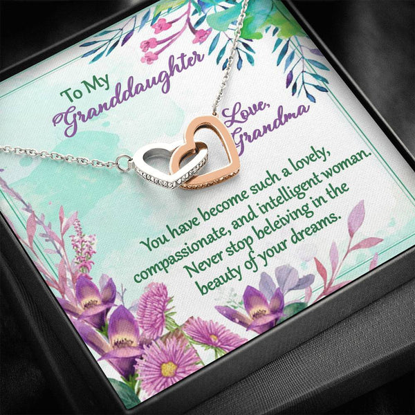 "To My Granddaughter from Grandma" -  Interlocking Hearts Pendant Necklace Giftset - Never Stop Believing in the Beauty of Your Dreams - Bianca Ysabel