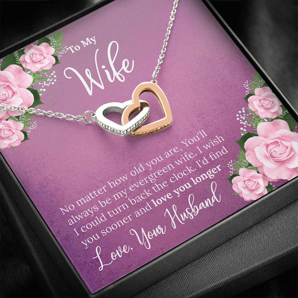 "To My Wife from Husband"- Interlocking Hearts Pendant Necklace Gift Set - No Matter How Old You Are, You'll Always Be My Evergreen Wife - Bianca Ysabel