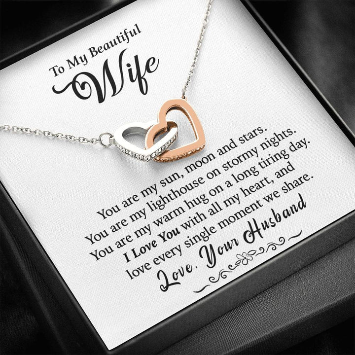"To My Beautiful Wife from Husband" - Interlocking Hearts Necklace Giftset - You Are My Sun, Moon And Stars - Bianca Ysabel