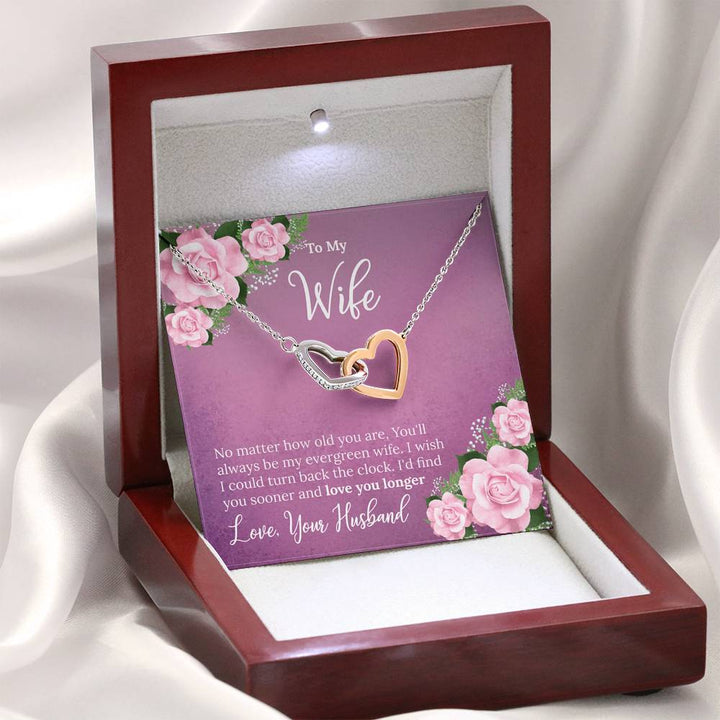 "To My Wife from Husband"- Interlocking Hearts Pendant Necklace Gift Set - No Matter How Old You Are, You'll Always Be My Evergreen Wife - Bianca Ysabel