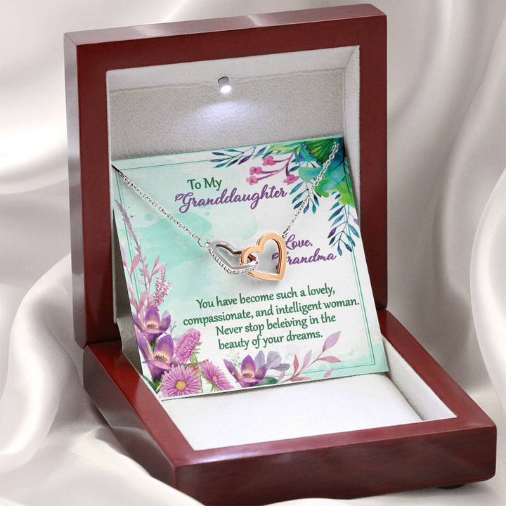 "To My Granddaughter from Grandma" -  Interlocking Hearts Pendant Necklace Giftset - Never Stop Believing in the Beauty of Your Dreams - Bianca Ysabel