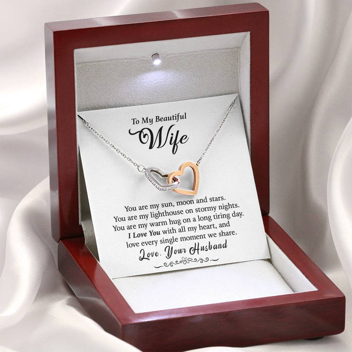 "To My Beautiful Wife from Husband" - Interlocking Hearts Necklace Giftset - You Are My Sun, Moon And Stars - Bianca Ysabel