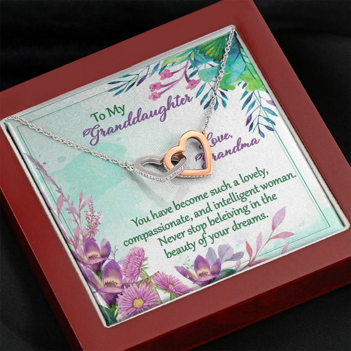 "To My Granddaughter from Grandma" -  Interlocking Hearts Pendant Necklace Giftset - Never Stop Believing in the Beauty of Your Dreams - Bianca Ysabel