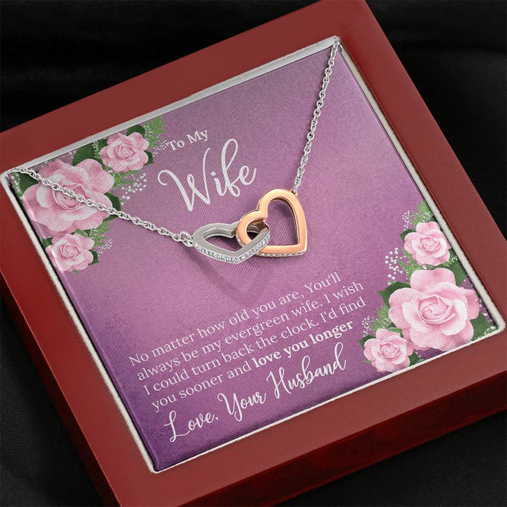 "To My Wife from Husband"- Interlocking Hearts Pendant Necklace Gift Set - No Matter How Old You Are, You'll Always Be My Evergreen Wife - Bianca Ysabel